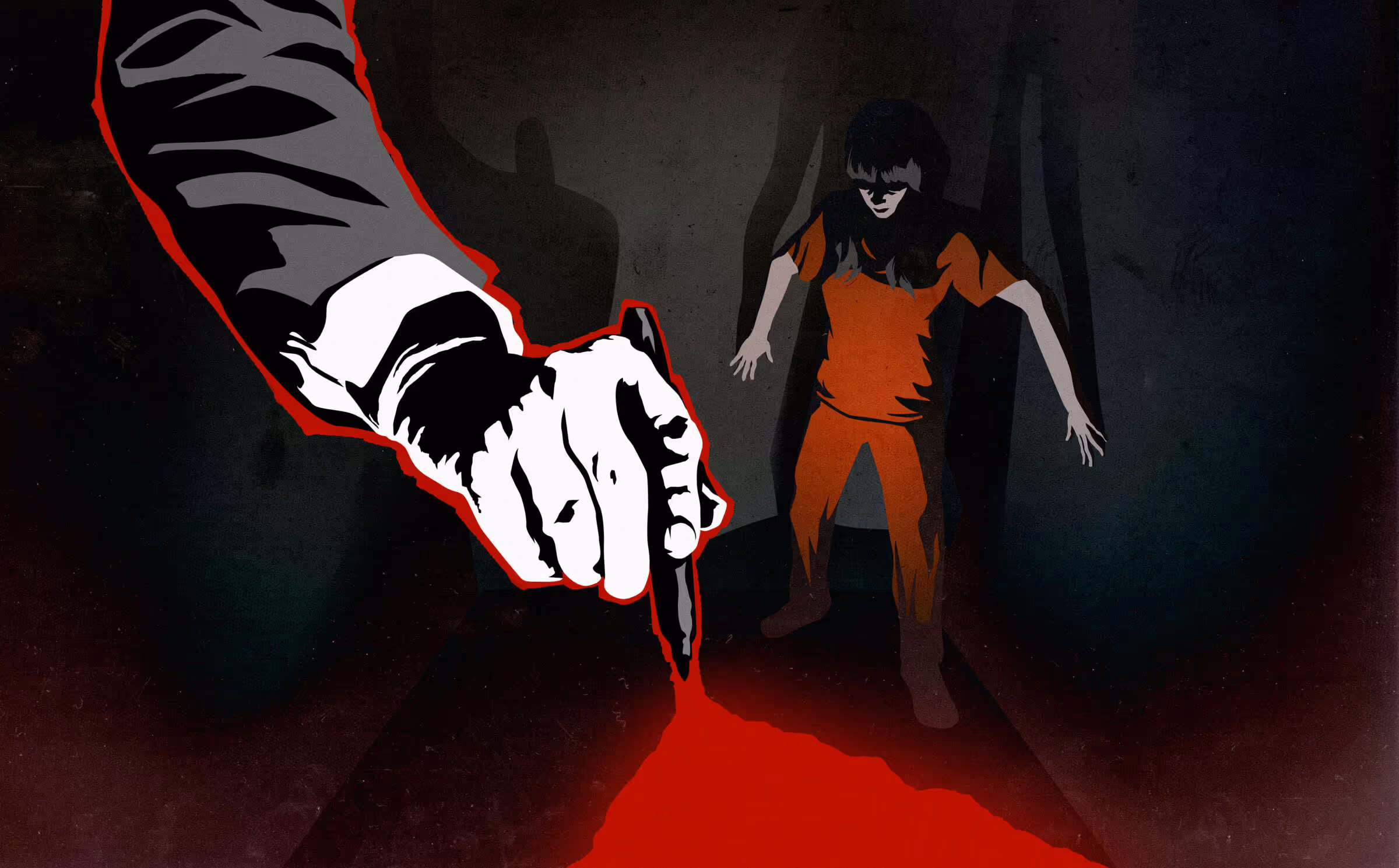 Editorial illustration of a prisoner backed up against walls of her cell as a giant hand uses a pen to open a red chasm in the floor