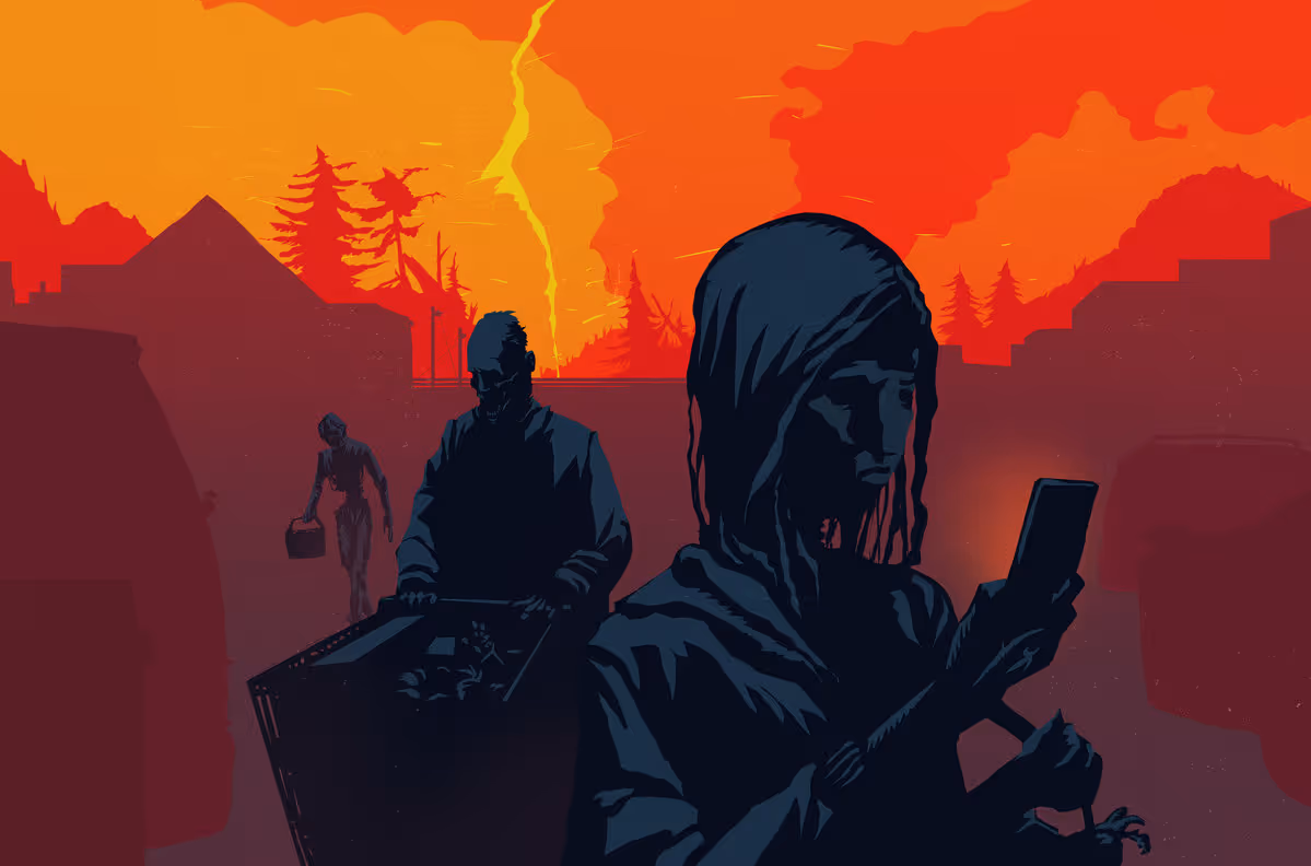 Editorial illustration of consumerist zombies outside as a lightning and fires rage in background.