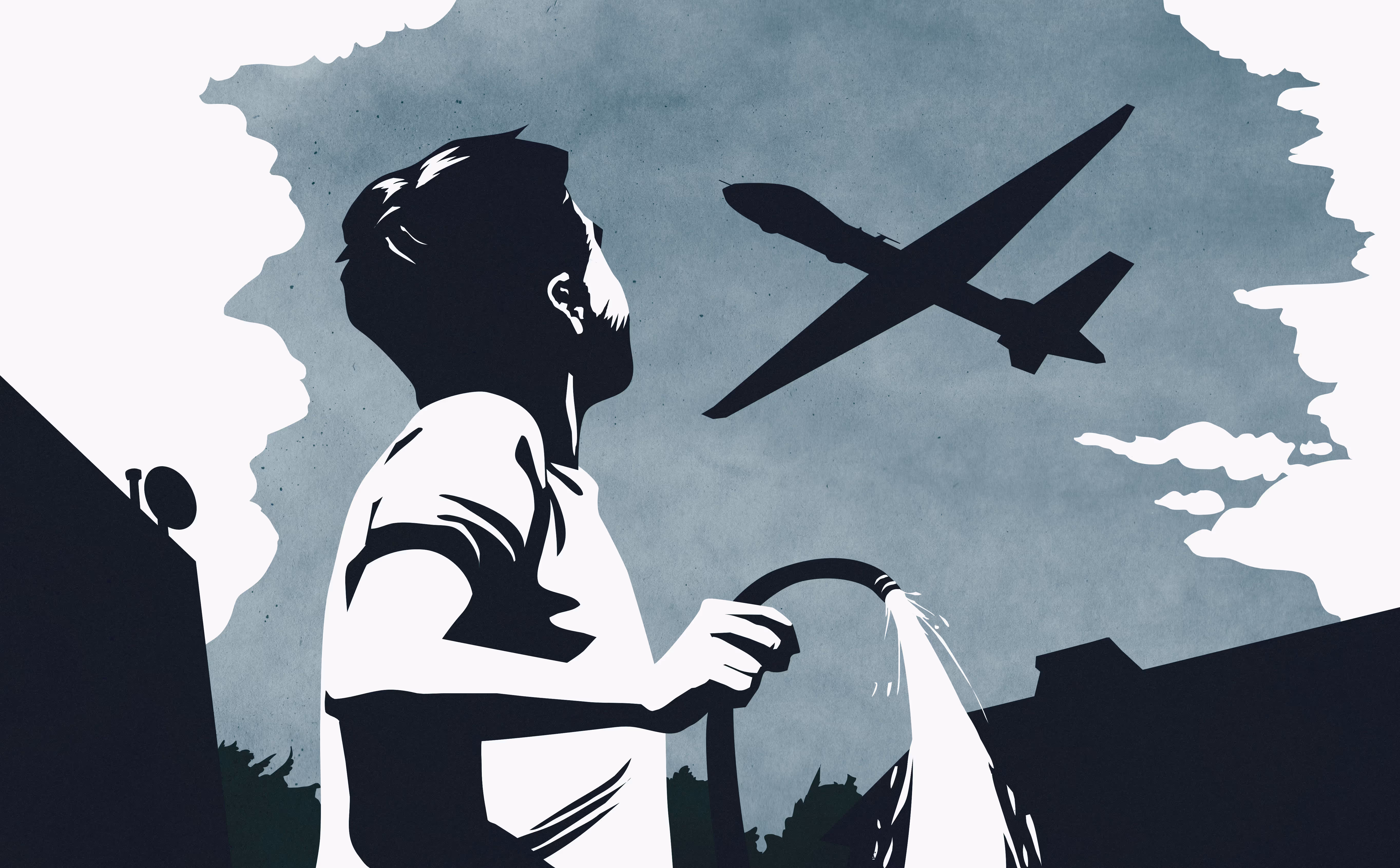 Editorial illustration of a kid watering the lawn and looking up to see a large drone in the sky.