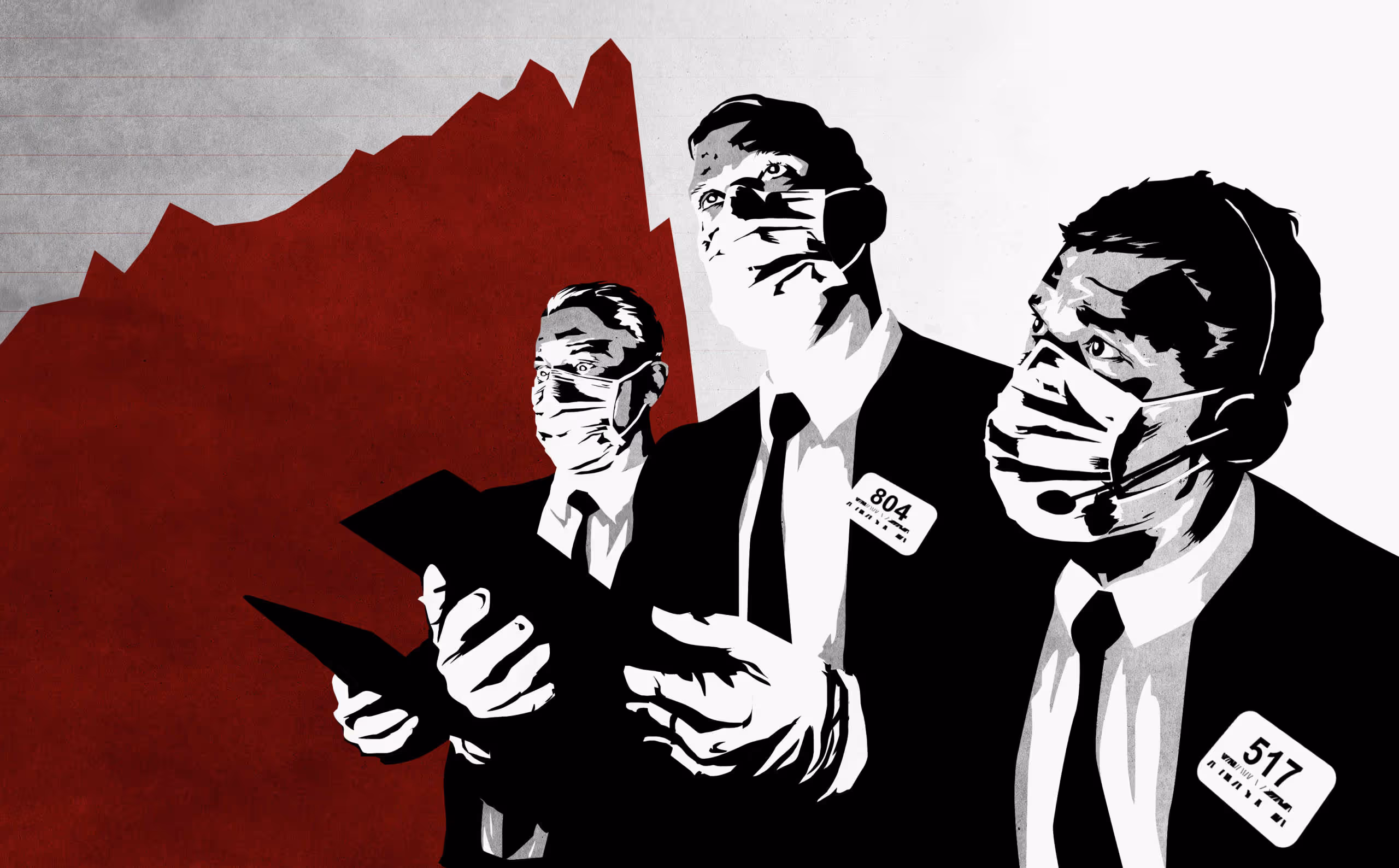 Editorial illustration of stock traders wearing masks and looking at a line chart going down in panic