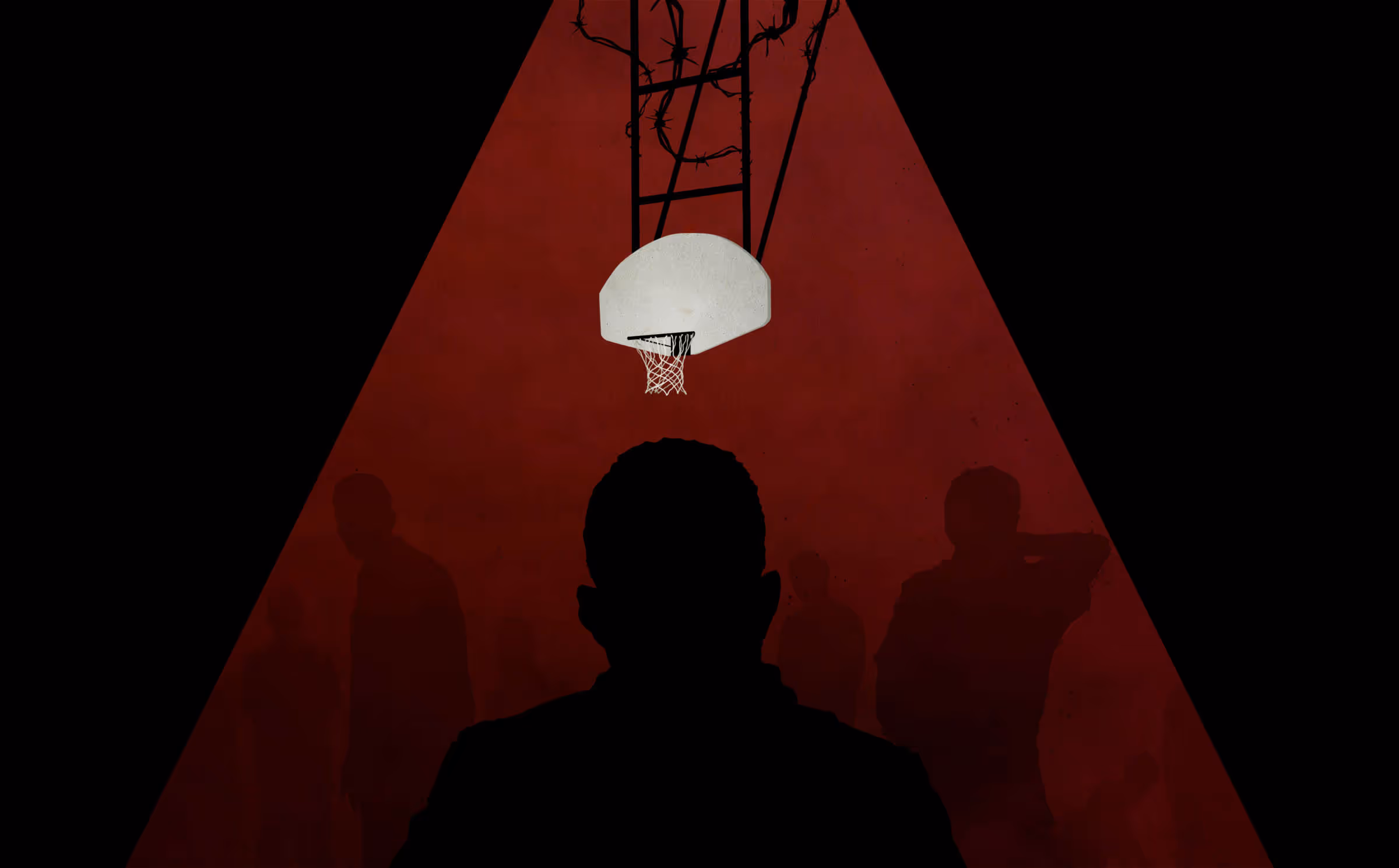 Editorial illustration of shadows underneath a basketball hoop, entangled with barbed wire.