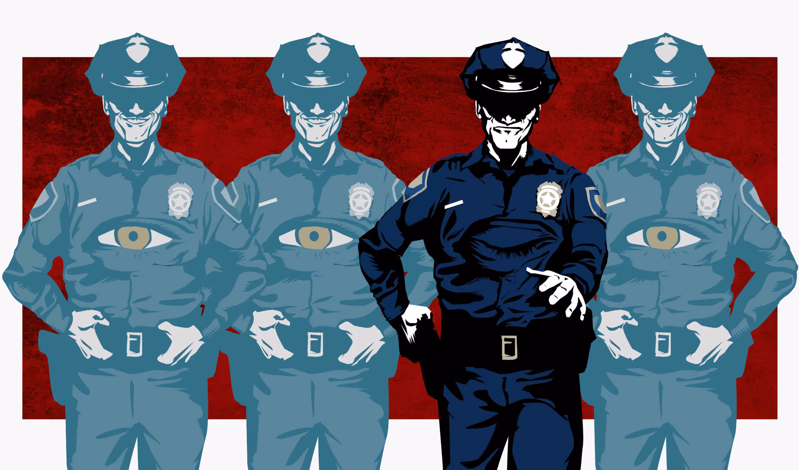 Editorial illustration of police with eyes in their chests to represent body cams.
