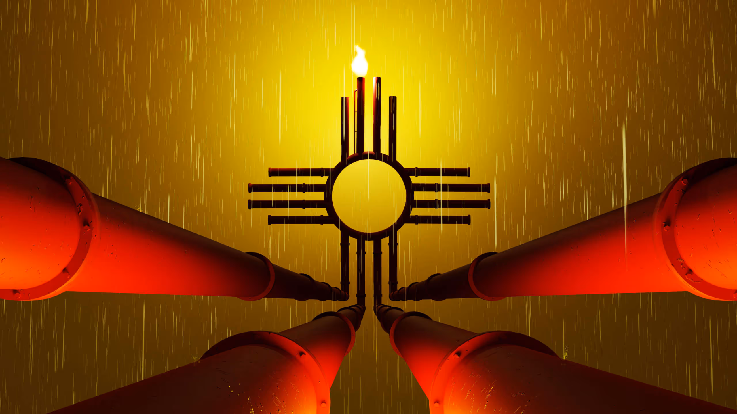 Pipelines forming the flag of New Mexico, with rain and flare.