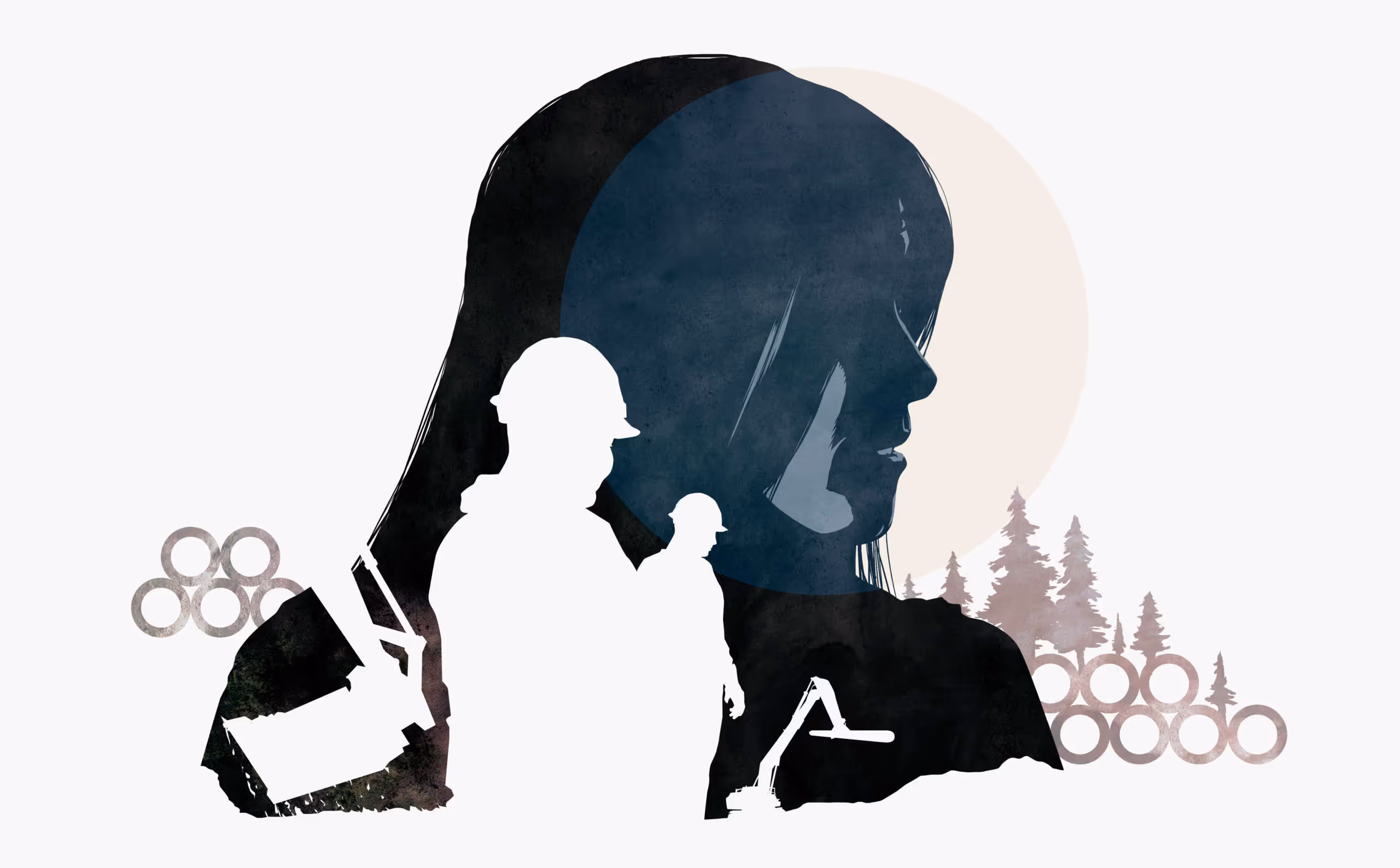 Editorial illustration of a woman's profile, with silhouettes of construction workers and equipment cut out of it.