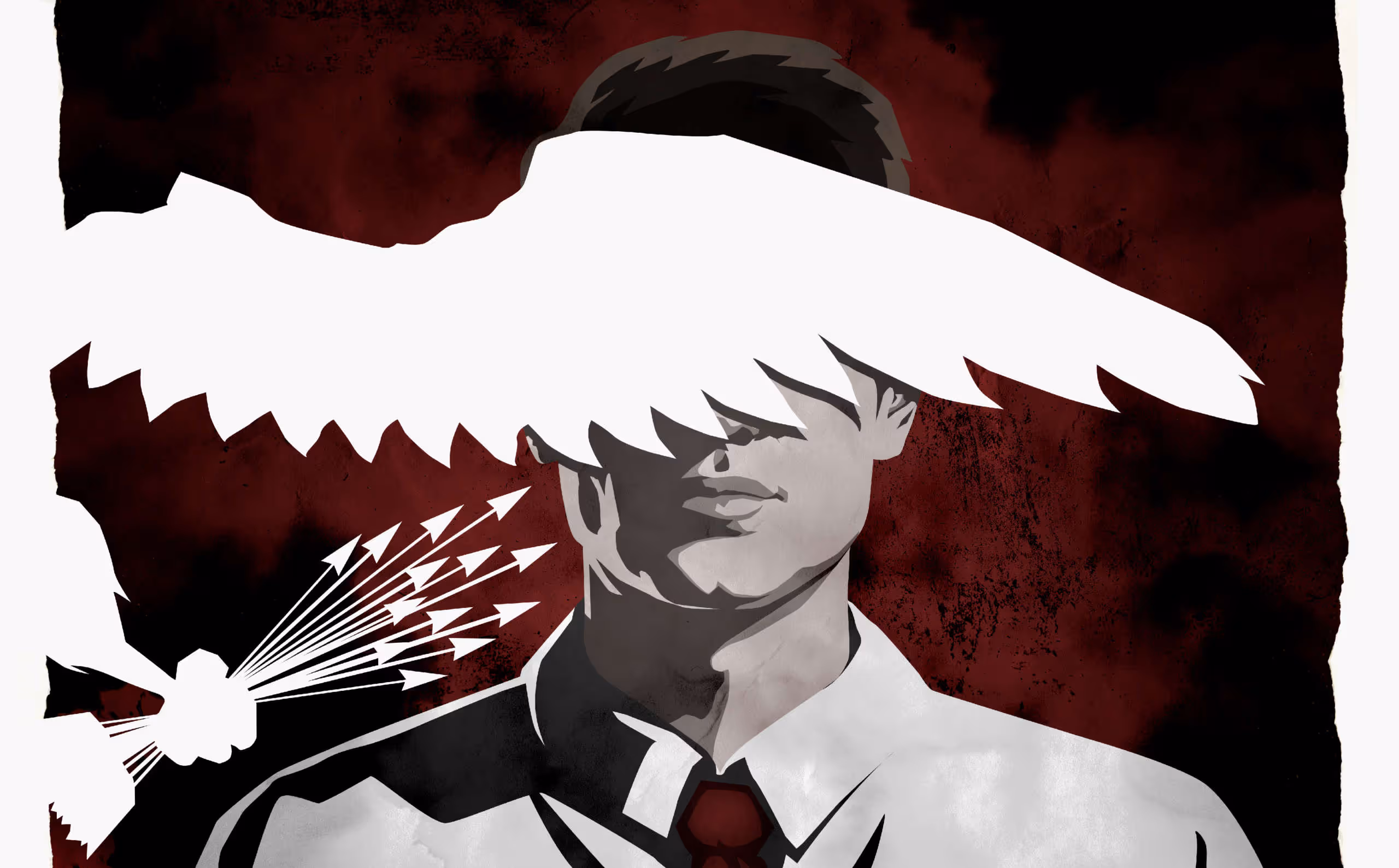 Editorial illustration of of a man with the right wing of a federal eagle icon blocking his view.