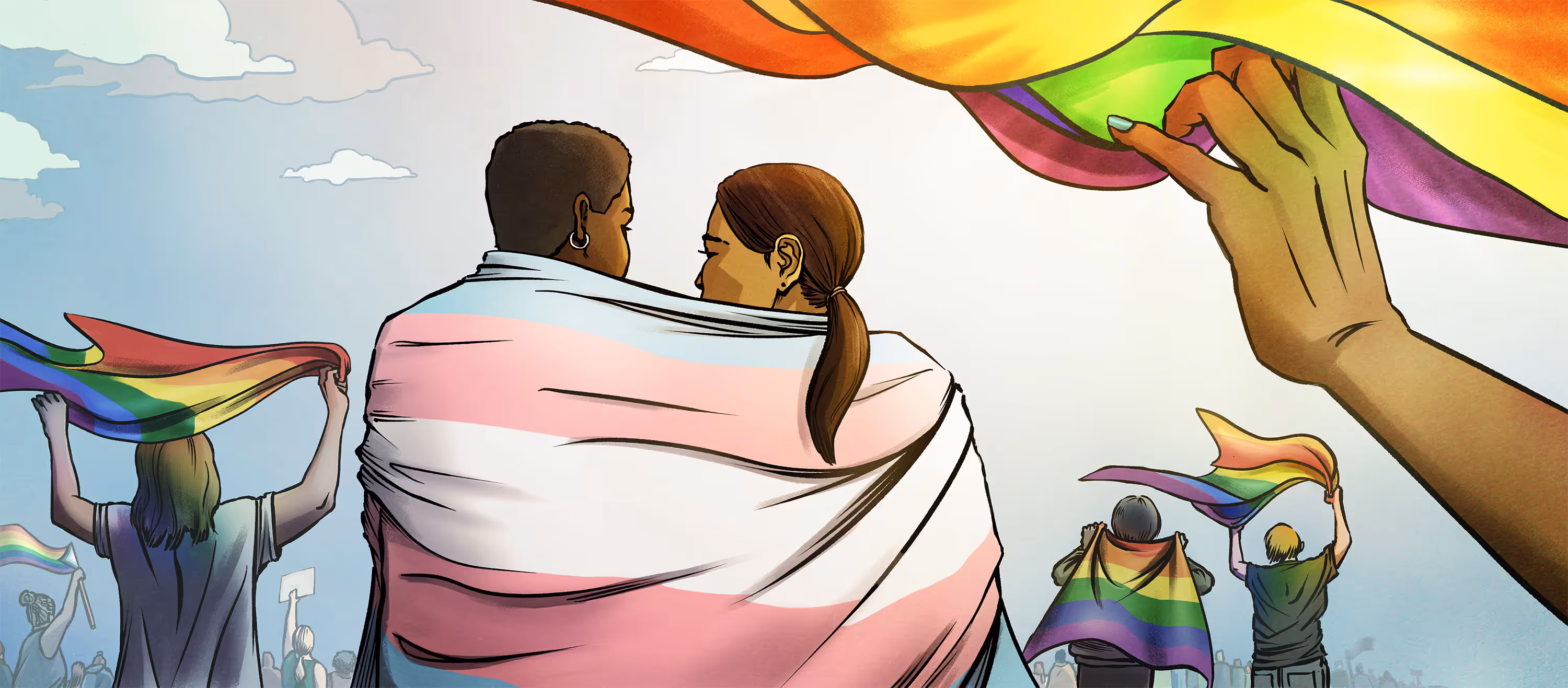 Editorial illustration of a crowd at a Pride parade with flags from behind.
