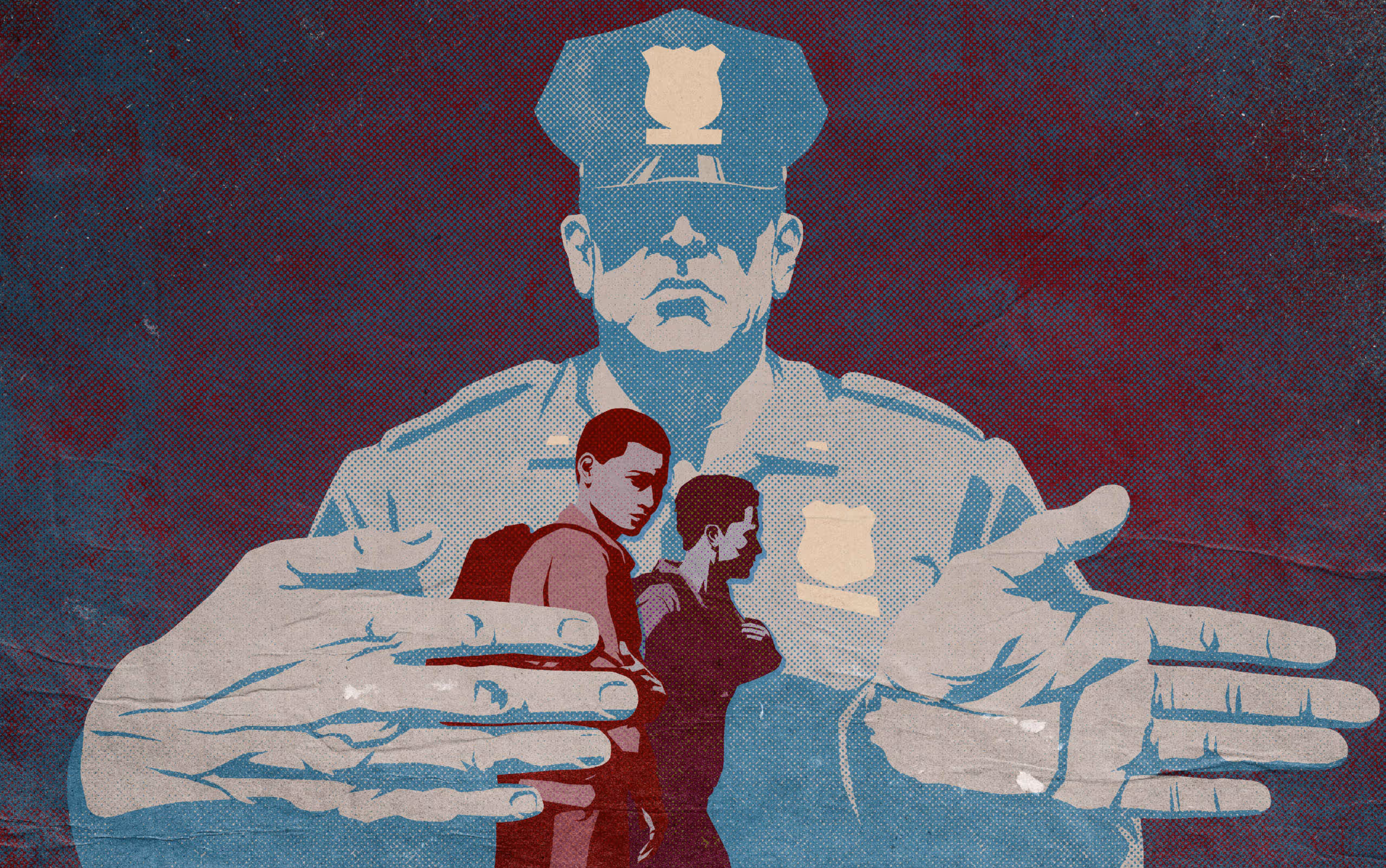 Editorial illustration of a giant policeman ushering two students in a direction.
