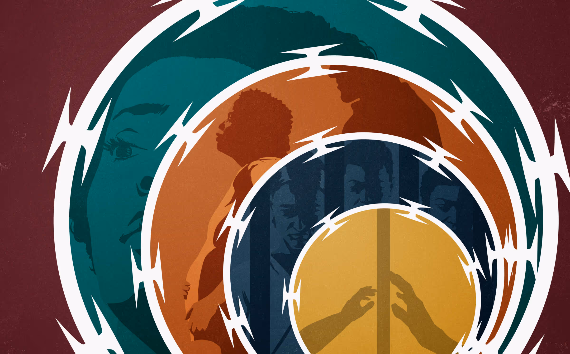 Editorial illustration of scenes of women in prison contained within razor wire loops