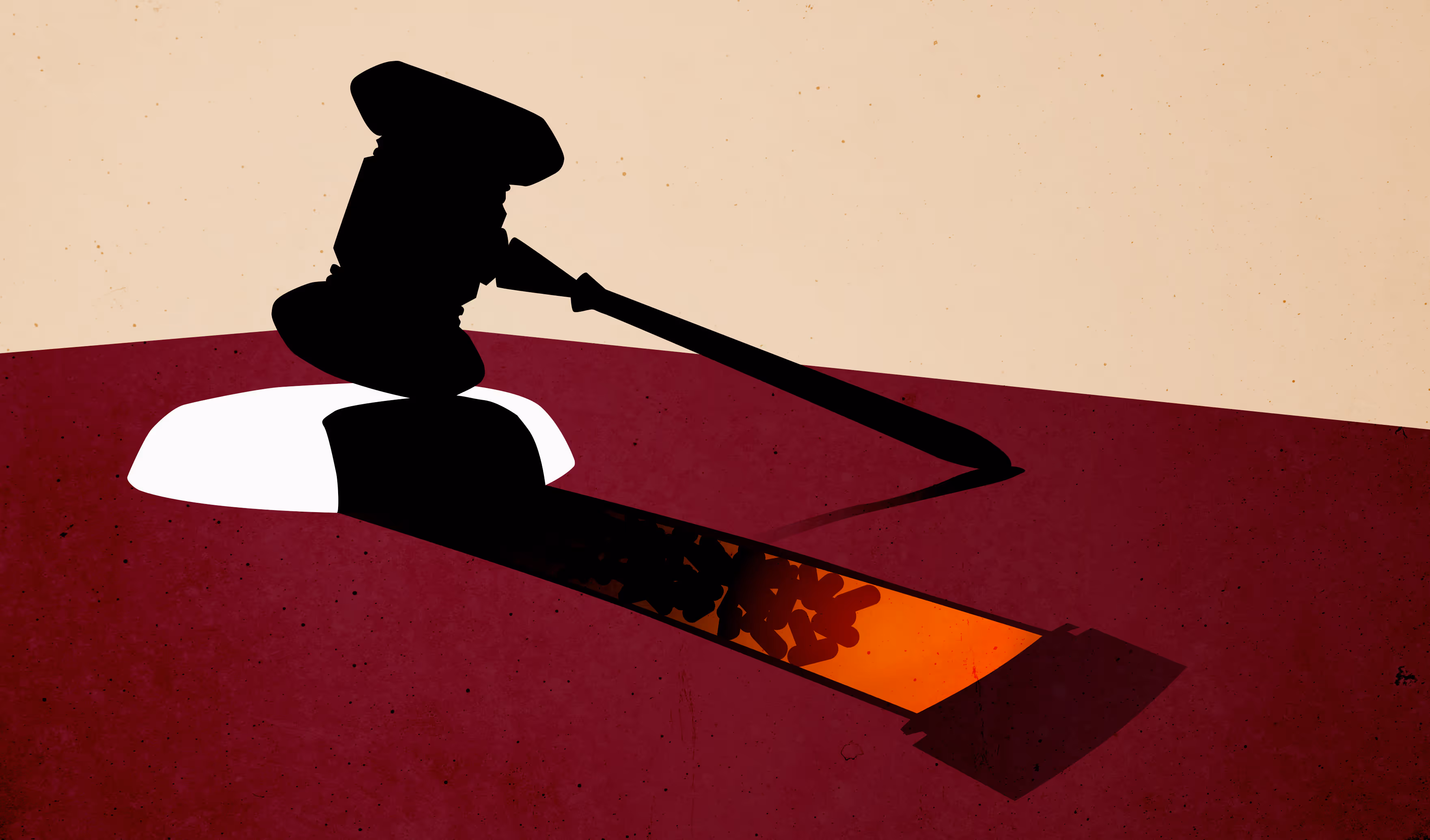 Editorial illustration of gavel with pill bottle silhouette