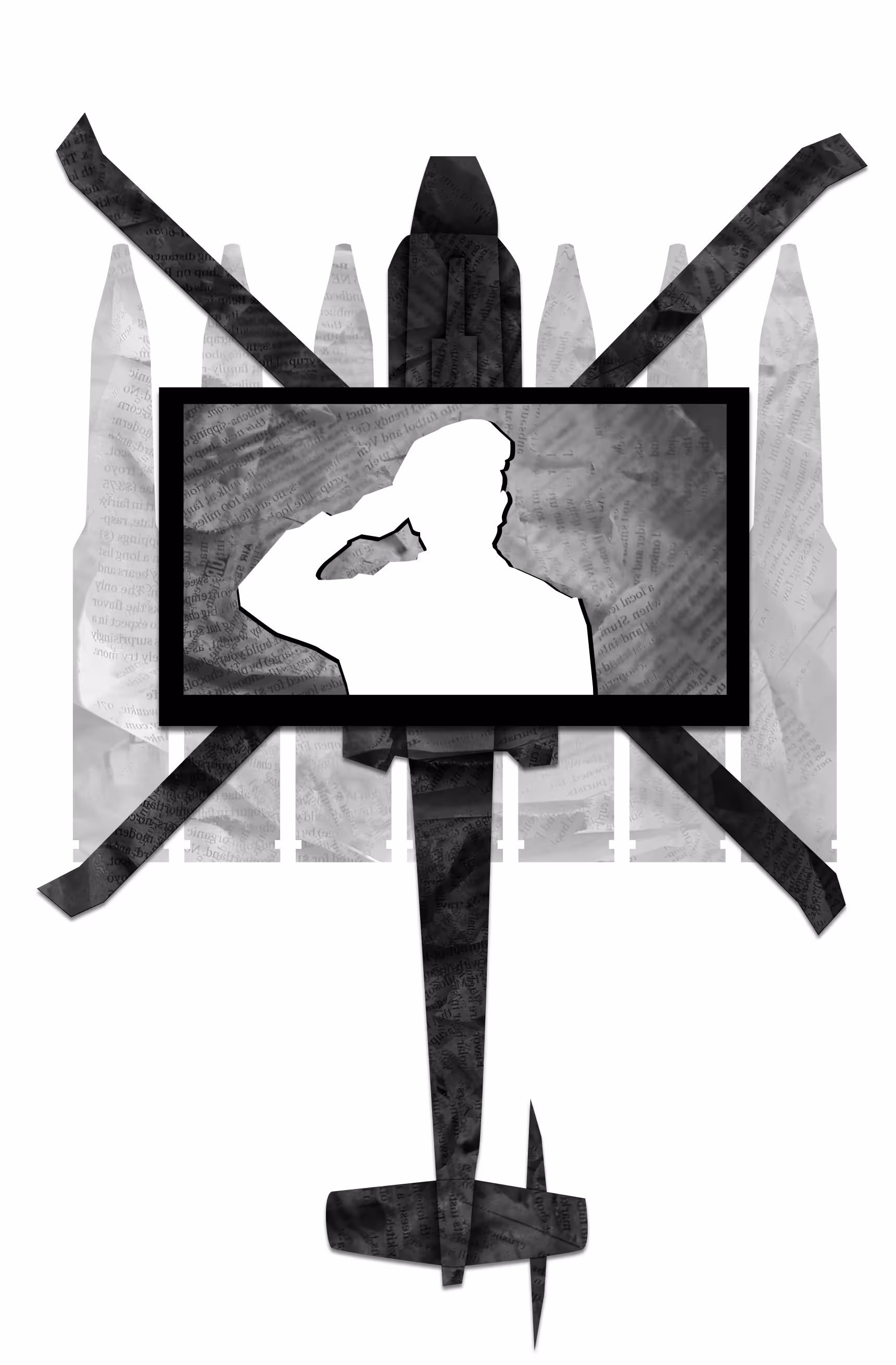 Illustration of the silhouette of a saluting soldier on a TV over a helicopter composed of distressed newsprint.