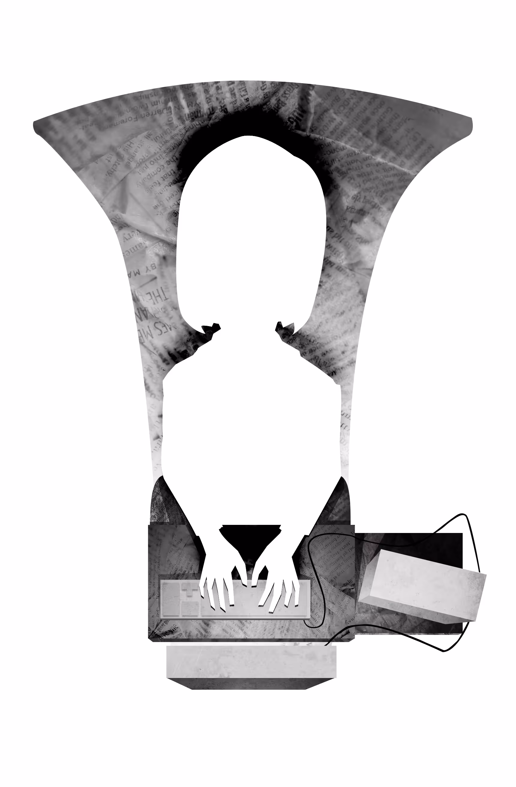 Illustration of a typing silhouette over a megaphone comprised of distressed newsprint.