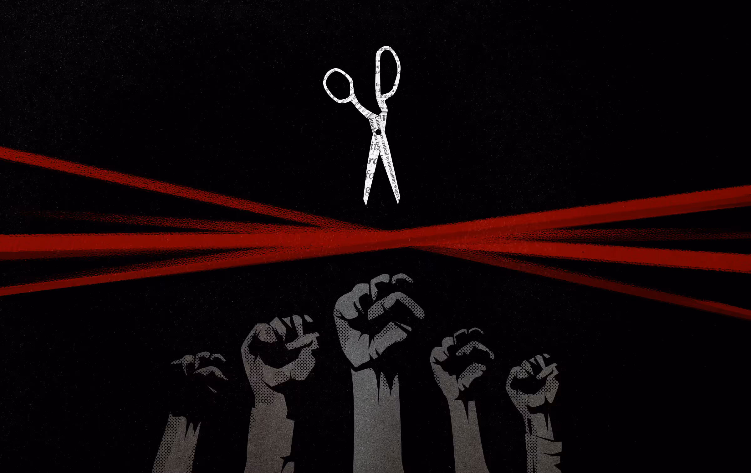 Editorial illustration of scissors cutting red tape blocking raised fists.