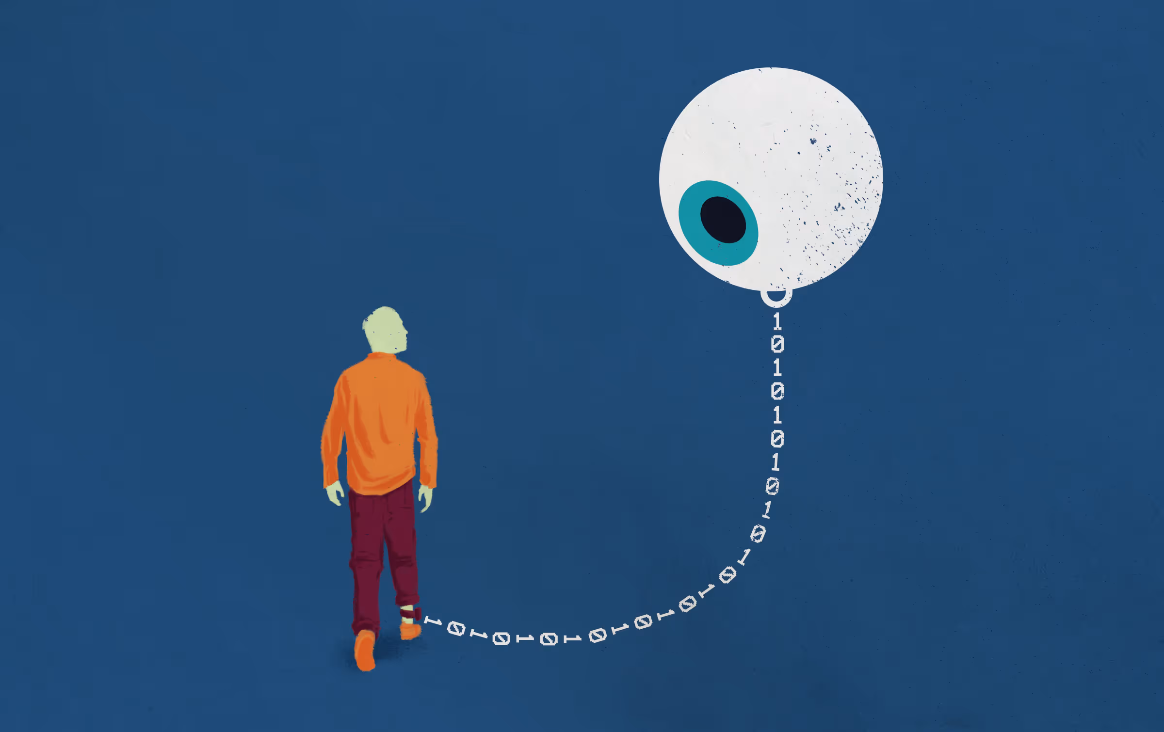 Editorial illustration of a man chained to a giant floating eyeball by binary code.