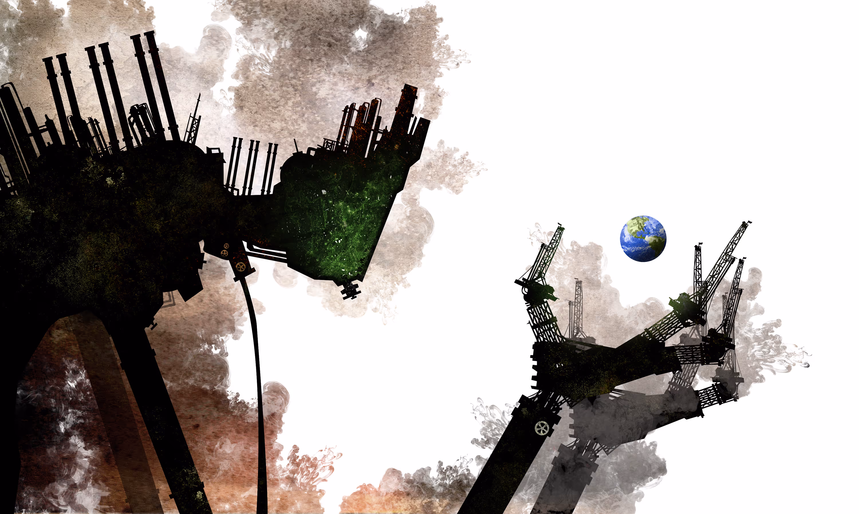 Editorial illustration of an industrial giant beholding a tiny Earth
