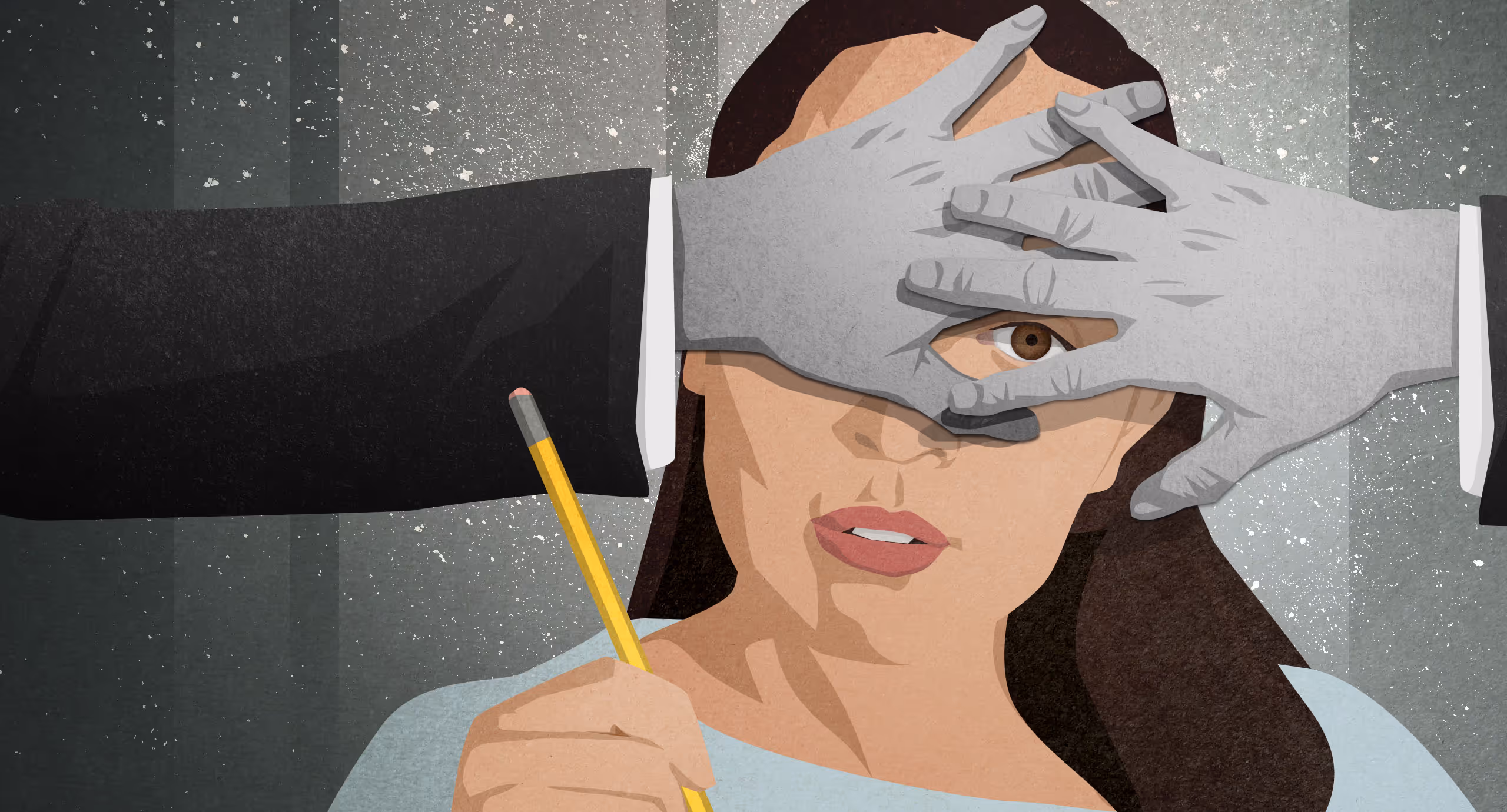 Editorial illustration of a woman using a pencil to push away gray business hands that are blocking her view.