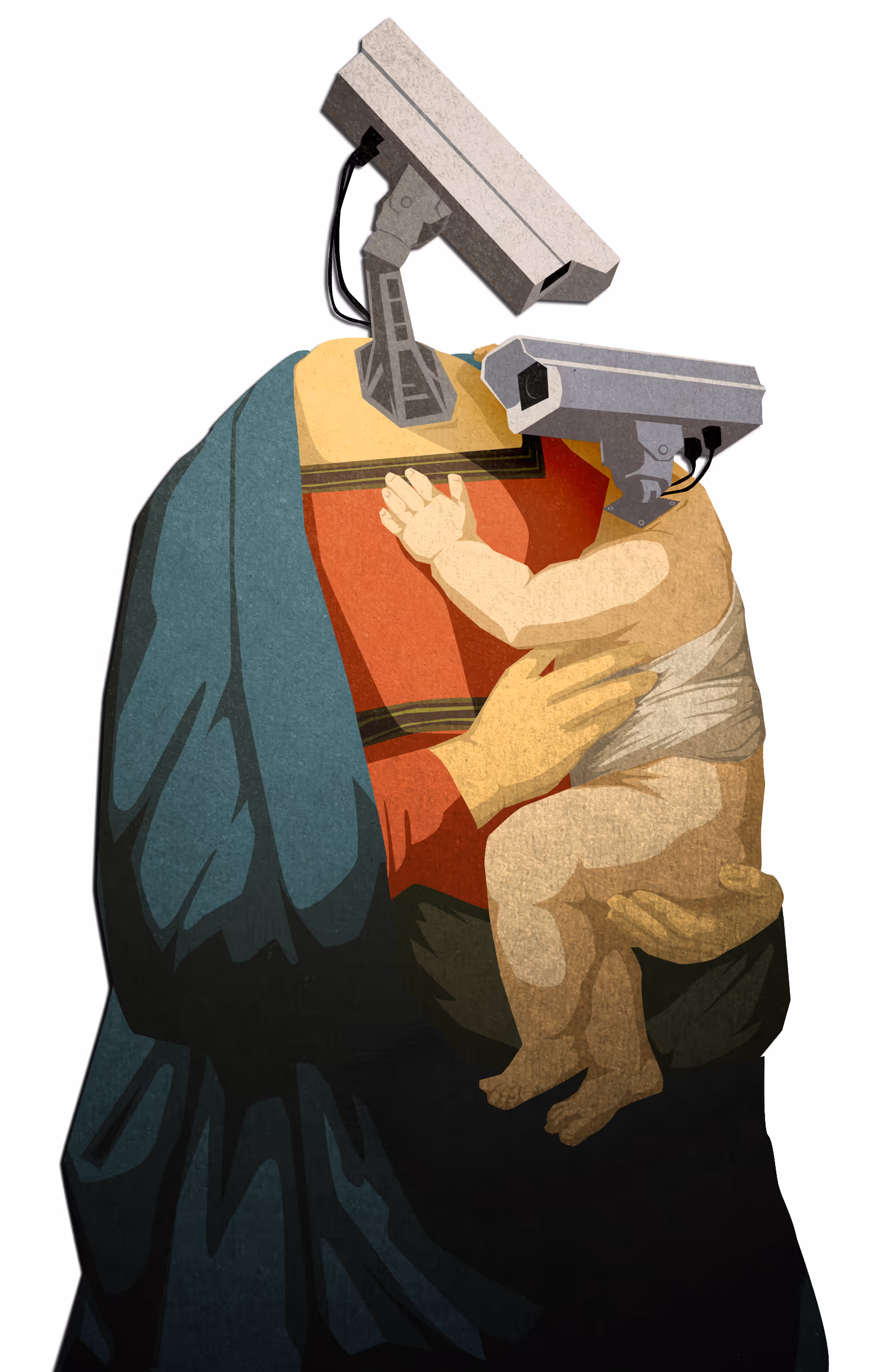 Editorial illustration of Mary and Jesus, with surveillance cameras in place of heads
