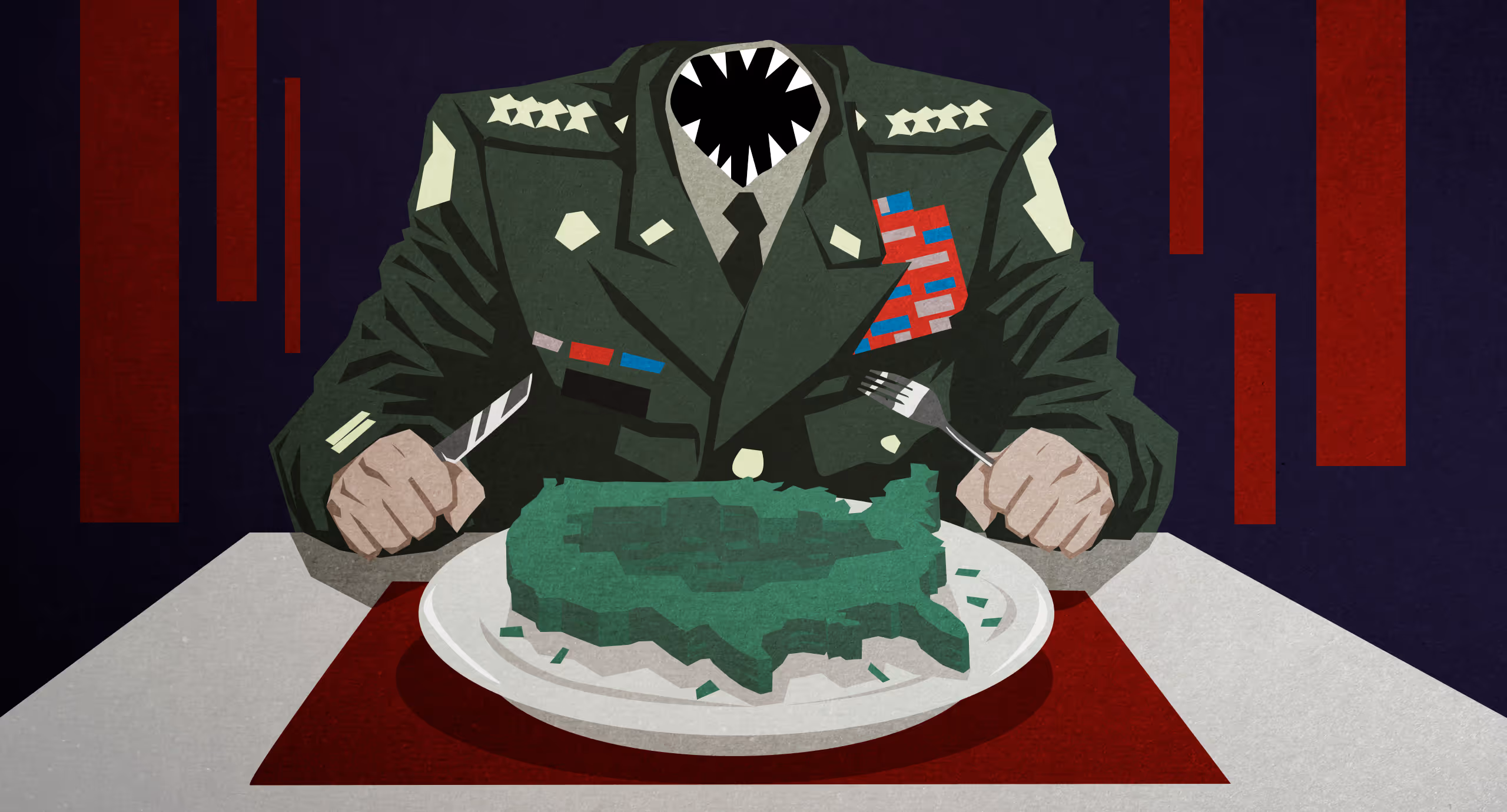 Editorial illustration of a general with a toothy mouth in place of a head, feeding on a plate of cash shaped like the USA.