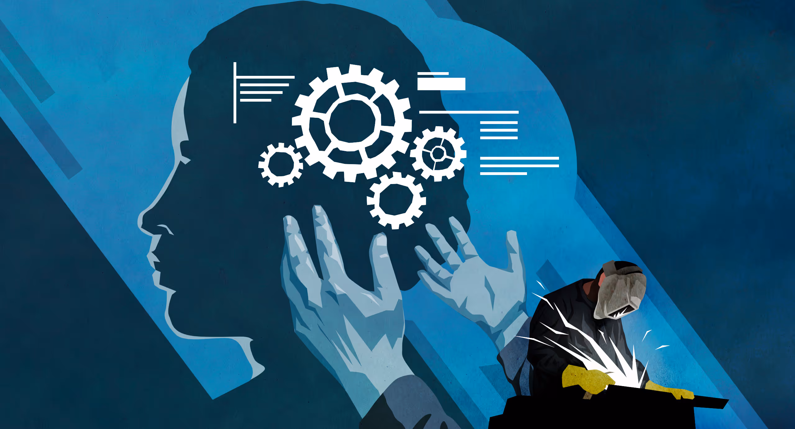 Editorial illustration of a welder, hands presenting gears and lines over a profile silhouette, representing ideas and creation