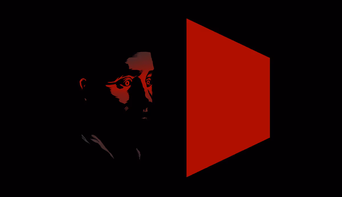 Editorial illustration of a face in the dark whose view is obstructed by a red panel.