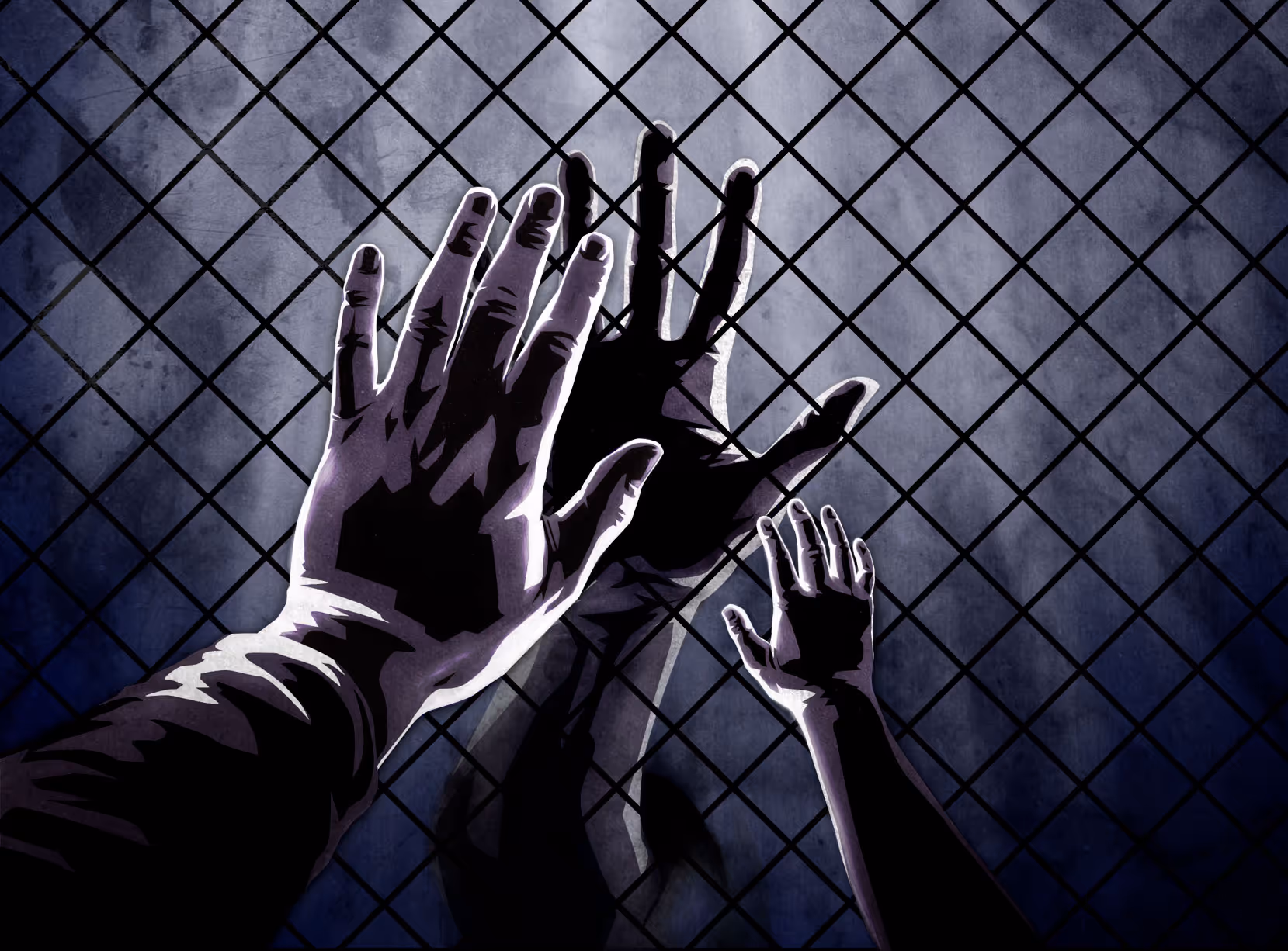 Editorial illustration of two adult hands and one child's hand touching the window separating a prison visitation.