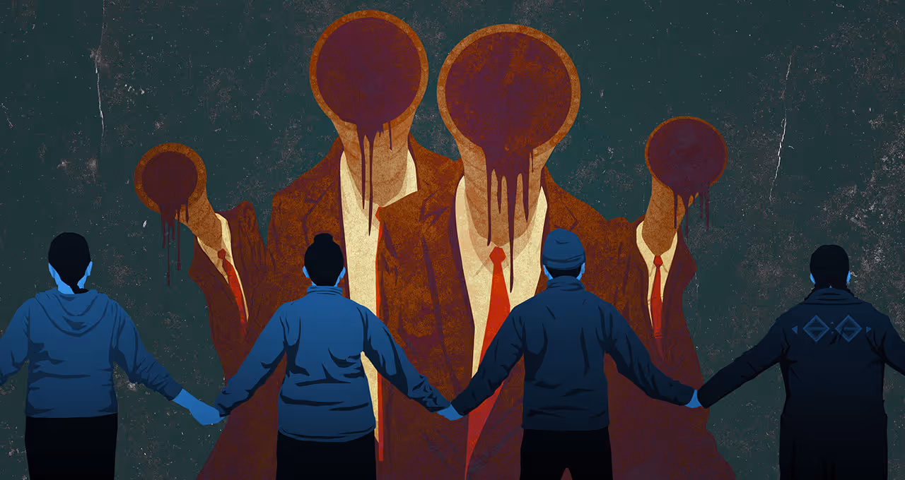 Editorial illustration of water protectors standing hand-in-hand against corporate oil-pipe-headed giants